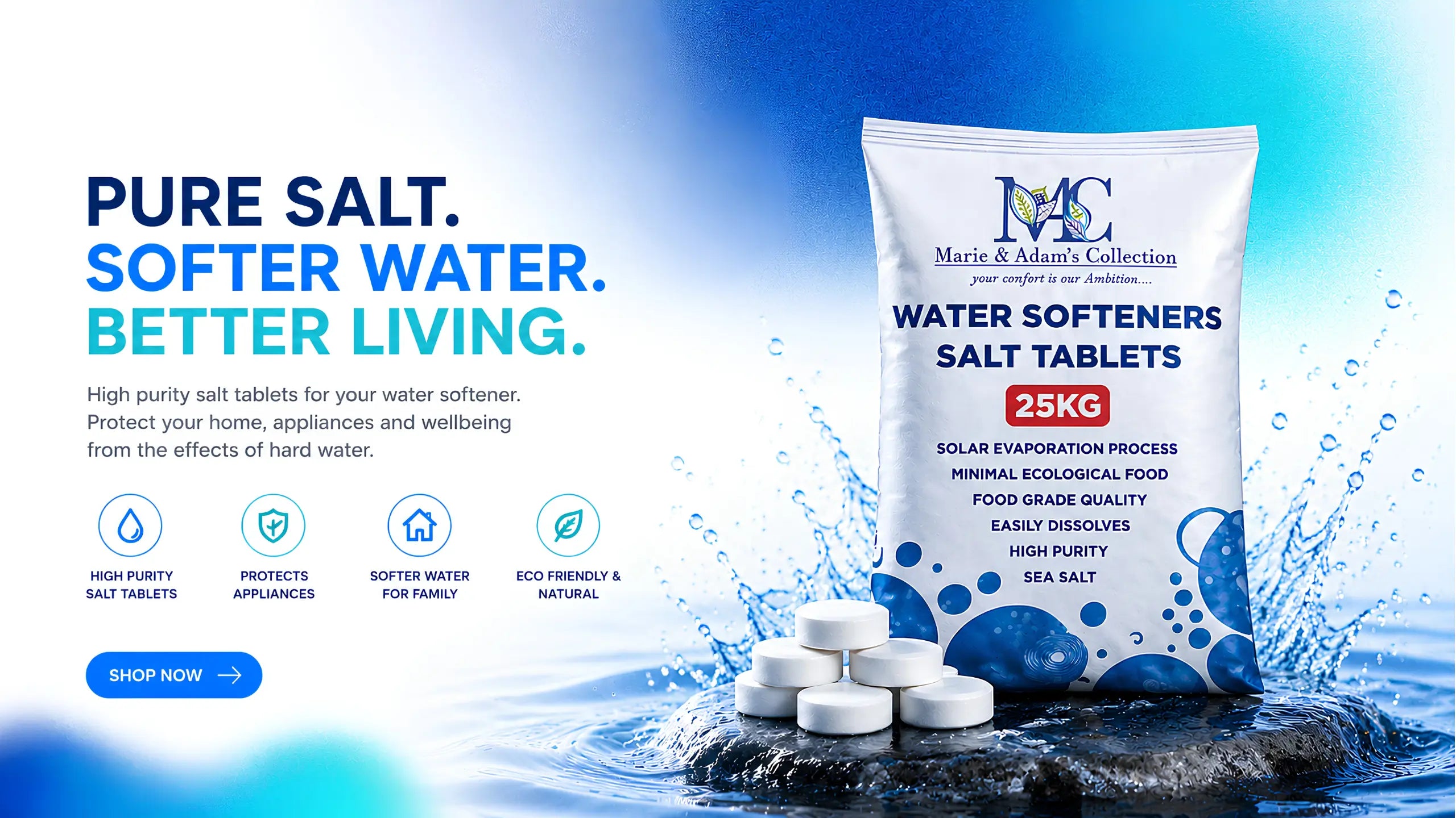 Bag of water softeners salt tablets with water droplets and text on a blue background